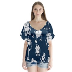 White-robot-blue-seamless-pattern V-neck Flutter Sleeve Top by Salman4z