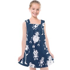 White-robot-blue-seamless-pattern Kids  Cross Back Dress by Salman4z