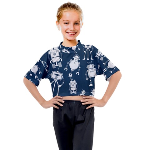 White-robot-blue-seamless-pattern Kids Mock Neck Tee by Salman4z