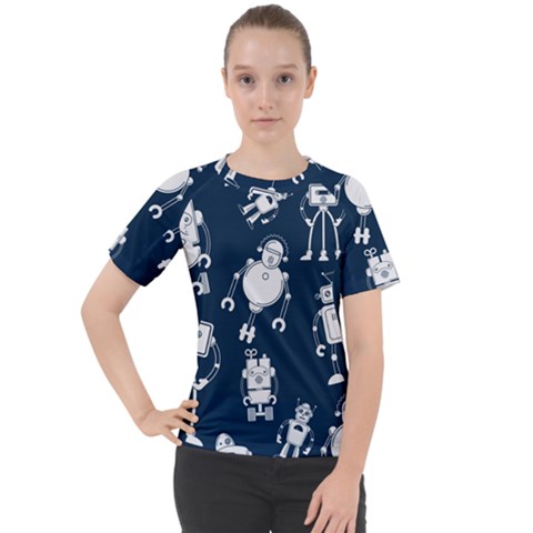 White-robot-blue-seamless-pattern Women s Sport Raglan Tee by Salman4z