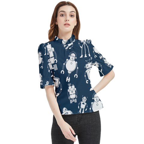 White-robot-blue-seamless-pattern Frill Neck Blouse by Salman4z