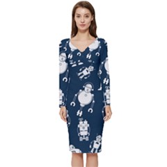 White-robot-blue-seamless-pattern Long Sleeve V-neck Bodycon Dress  by Salman4z