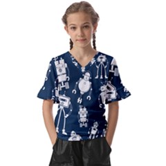 White-robot-blue-seamless-pattern Kids  V-neck Horn Sleeve Blouse by Salman4z