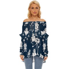 White-robot-blue-seamless-pattern Off Shoulder Chiffon Pocket Shirt by Salman4z