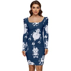 White-robot-blue-seamless-pattern Women Long Sleeve Ruched Stretch Jersey Dress by Salman4z