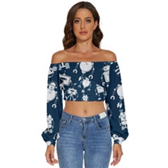 White-robot-blue-seamless-pattern Long Sleeve Crinkled Weave Crop Top by Salman4z