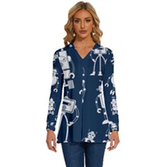 White-robot-blue-seamless-pattern Long Sleeve Drawstring Hooded Top by Salman4z