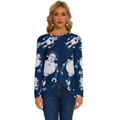 White-robot-blue-seamless-pattern Long Sleeve Crew Neck Pullover Top by Salman4z