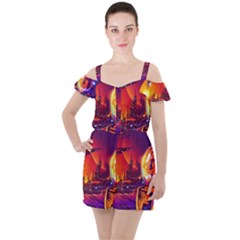 Far-future-human-colonization Ruffle Cut Out Chiffon Playsuit by Salman4z