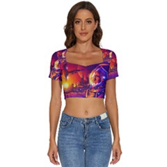 Far-future-human-colonization Short Sleeve Square Neckline Crop Top  by Salman4z
