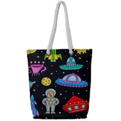 Seamless-pattern-with-space-objects-ufo-rockets-aliens-hand-drawn-elements-space Full Print Rope Handle Tote (small) by Salman4z