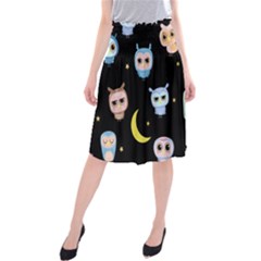 Cute-owl-doodles-with-moon-star-seamless-pattern Midi Beach Skirt by Salman4z