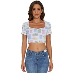 Cute-cat-colorful-cartoon-doodle-seamless-pattern Short Sleeve Square Neckline Crop Top  by Salman4z