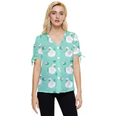Elegant Swan Seamless Pattern Bow Sleeve Button Up Top by pakminggu
