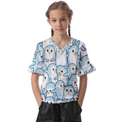 Penguins Pattern Kids  V-neck Horn Sleeve Blouse by pakminggu