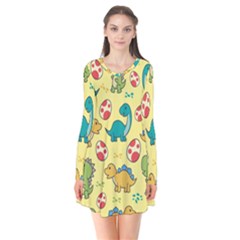 Seamless Pattern With Cute Dinosaurs Character Long Sleeve V-neck Flare Dress by pakminggu