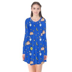 Cat Animals Sleep Stars Seamless Background Long Sleeve V-neck Flare Dress by pakminggu