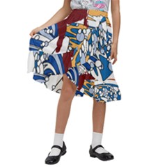 Beach Illustration Summer Beach Surf Waves Kids  Ruffle Flared Wrap Midi Skirt by pakminggu