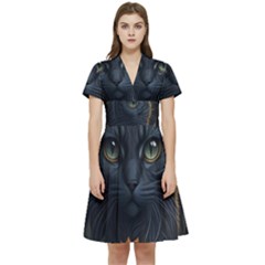 Art Cat Drawing Mammal Animal Feline Short Sleeve Waist Detail Dress by pakminggu