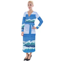 Illustration Landscape Sea Ocean Waves Beach Blue Velvet Maxi Wrap Dress by Mog4mog4