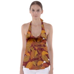 Watercolor Leaves Leaf Orange Babydoll Tankini Top by Bakwanart