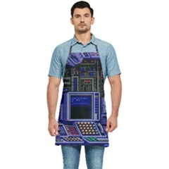 Blue Computer Monitor With Chair Game Digital Wallpaper, Digital Art Kitchen Apron by Bakwanart