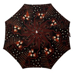 Red Computer Circuit Board Straight Umbrellas by Bakwanart