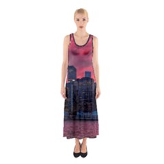 Skyline Sunset United States Reflection Usa,new York Manhattan Sleeveless Maxi Dress by Bakwanart