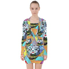 Kitten Cat Pet Animal Adorable Fluffy Cute Kitty V-neck Bodycon Long Sleeve Dress by 99art