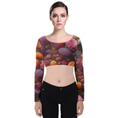 Flowers Blossoms Petals Blooms Velvet Long Sleeve Crop Top by 99art