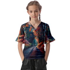 Forest Autumn Fall Painting Kids  V-neck Horn Sleeve Blouse by 99art