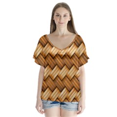 Wooden Weaving Texture V-neck Flutter Sleeve Top by 99art