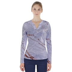 Gray Light Marble Stone Texture Background V-neck Long Sleeve Top by Vaneshart