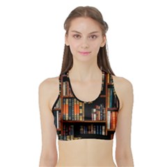 Assorted Title Of Books Piled In The Shelves Assorted Book Lot Inside The Wooden Shelf Sports Bra With Border by 99art