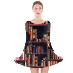Assorted Title Of Books Piled In The Shelves Assorted Book Lot Inside The Wooden Shelf Long Sleeve Velvet Skater Dress by 99art