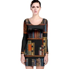 Assorted Title Of Books Piled In The Shelves Assorted Book Lot Inside The Wooden Shelf Long Sleeve Velvet Bodycon Dress by 99art