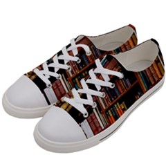 Assorted Title Of Books Piled In The Shelves Assorted Book Lot Inside The Wooden Shelf Women s Low Top Canvas Sneakers by 99art