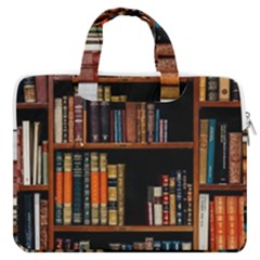 Assorted Title Of Books Piled In The Shelves Assorted Book Lot Inside The Wooden Shelf Macbook Pro 13  Double Pocket Laptop Bag by 99art