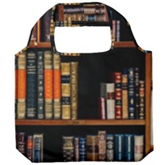 Assorted Title Of Books Piled In The Shelves Assorted Book Lot Inside The Wooden Shelf Foldable Grocery Recycle Bag by 99art