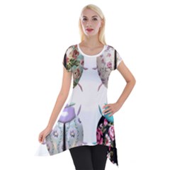 Ladybug-flower-pattern-shabby-chic Short Sleeve Side Drop Tunic by 99art