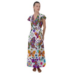 Butterflies Abstract Colorful Floral Flowers Vector Flutter Sleeve Maxi Dress by B30l