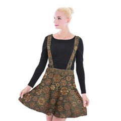 Brown And Green Floral Print Textile Ornament Pattern Texture Suspender Skater Skirt by danenraven