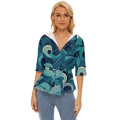 Waves Ocean Sea Abstract Whimsical Abstract Art Lightweight Drawstring Hooded Top by Cowasu
