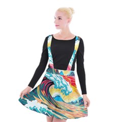 Ai Generated Waves Ocean Sea Tsunami Nautical Blue Sea (2) Suspender Skater Skirt by Cowasu
