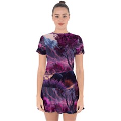 Landscape Landscape Painting Purple Purple Trees Drop Hem Mini Chiffon Dress by Cowasu