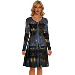 New York Night Central Park Skyscrapers Skyline Long Sleeve Dress With Pocket by Cowasu