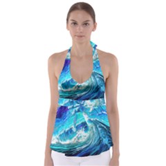 Tsunami Waves Ocean Sea Nautical Nature Water Painting Babydoll Tankini Top by Cowasu