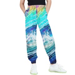 Tsunami Waves Ocean Sea Nautical Nature Water Painting Kids  Elastic Waist Pants by Cowasu