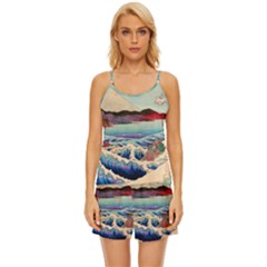 Wave Japanese Mount Fuji Woodblock Print Ocean Satin Pajama Short Set by Cowasu