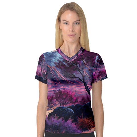 Landscape Painting Purple Tree V-neck Sport Mesh Tee by Ndabl3x